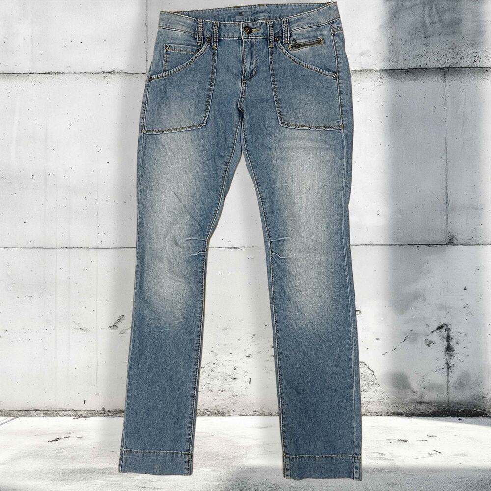 Vtg Y2K BCBGMAXAZRIA Utility Patch Pocket Jeans Faded Carpenter Moto Denim S29